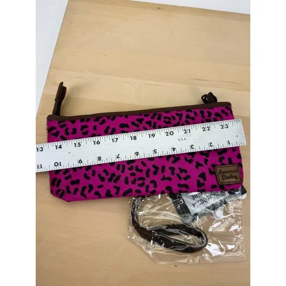 American Darling Pink Animal Print Faux Leather Trim Wristlet Crossbody Bag 10x5 - Picture 2 of 10